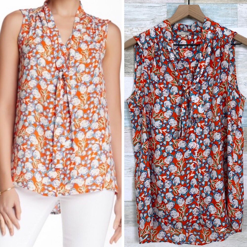 Pleione Crepe Tie Neck Tunic Blouse Orange Floral Sleeveless Womens Small